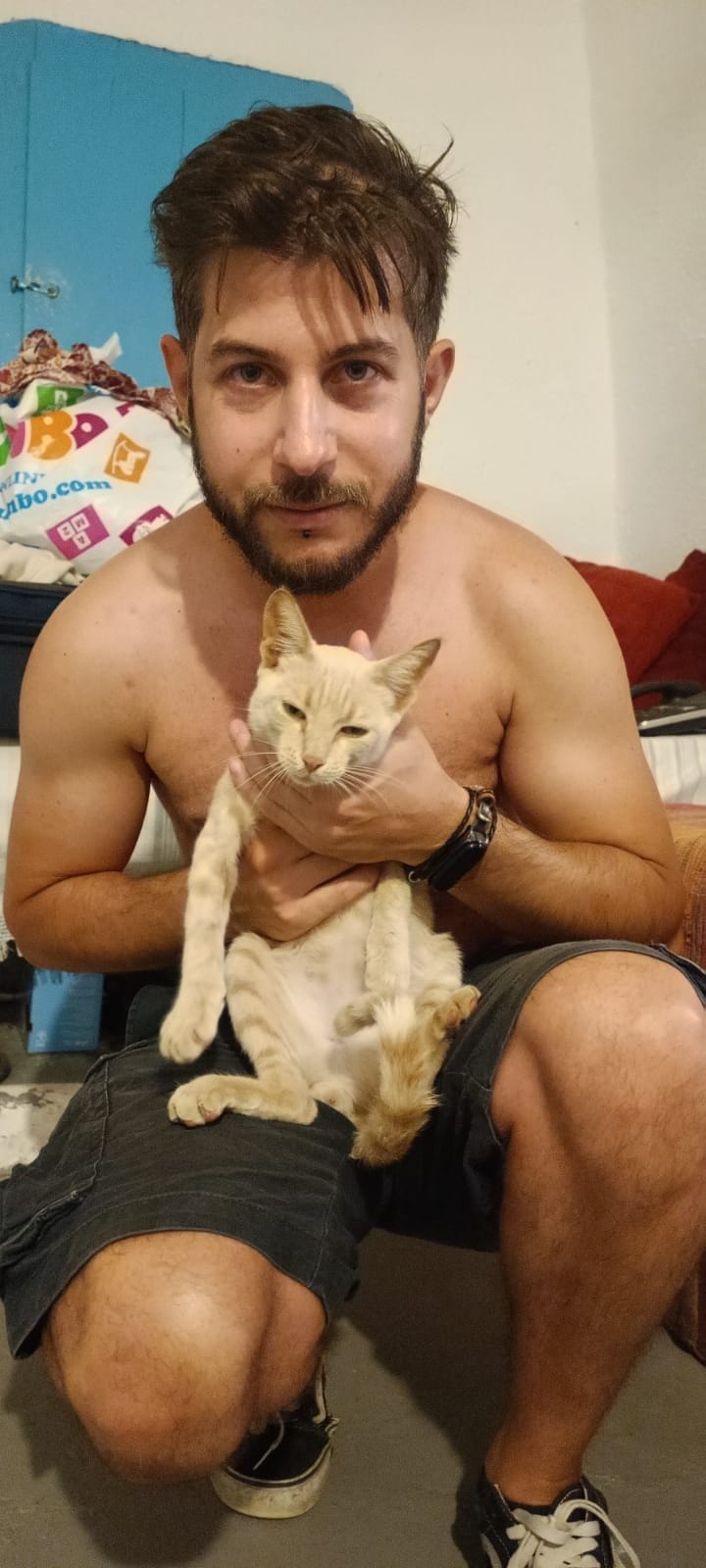 A shirtless man crouches, holding a cream and ginger tabby to his chest.