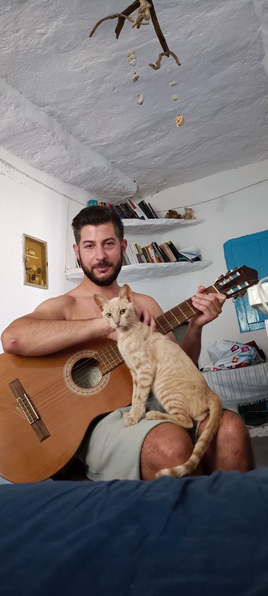 A shirtless man plays an acoustic guitar with a cream and ginger cat sitting on his lap.