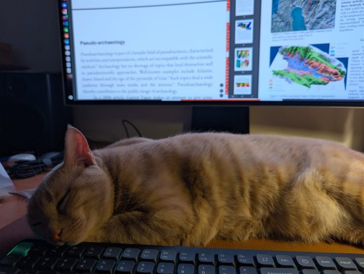 A ginger cat sleeps soundly across a keyboard in front of a computer screen displaying a Wikipedia page.